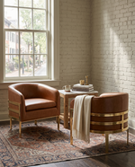 Living room or office accent arm chairs with toffee faux leather upholstery and gold chrome frame