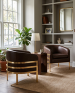 Living room or office accent arm chairs with espresso faux leather upholstery and gold chrome frame