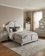 Glam Silver Upholstered Bedroom Set with Scalloped Headboard, Dresser, Mirror, Chest, and Nightstands (B760) by Quality Living Furniture
