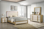Modern Scandinavian bedroom with wooden bed, nightstands, and dresser.