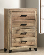 B850 Timber Heritage Rustic 4-Drawer Chest, Weathered Brown Pine Tall Bedroom Dresser with Black Hardware by Quality Living Furniture