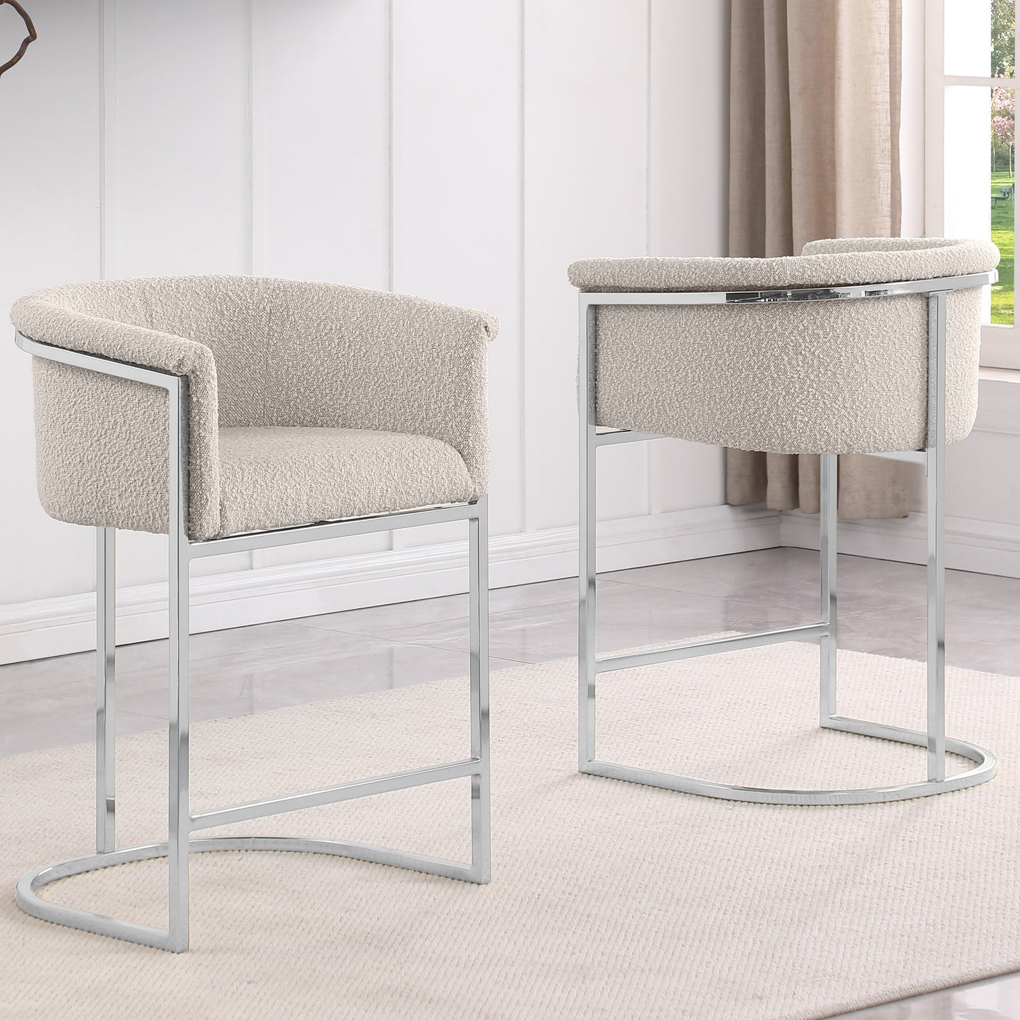 SC010-7, CH010-7, & BS010-7: Modern Boucle Fabric Chairs with U-Shaped Chrome Legs (Set of 2)