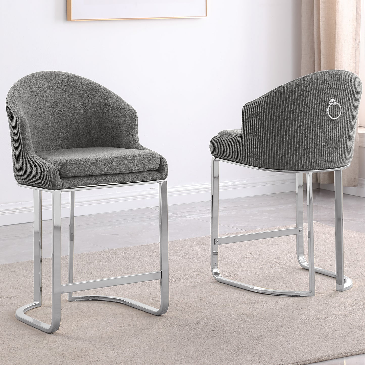 SC370-7, CH370-7, & BS370-7: Modern Teddy Upholstered Chairs with Chrome Finish Legs & Decorative Back Ring Handle (Set of 2)