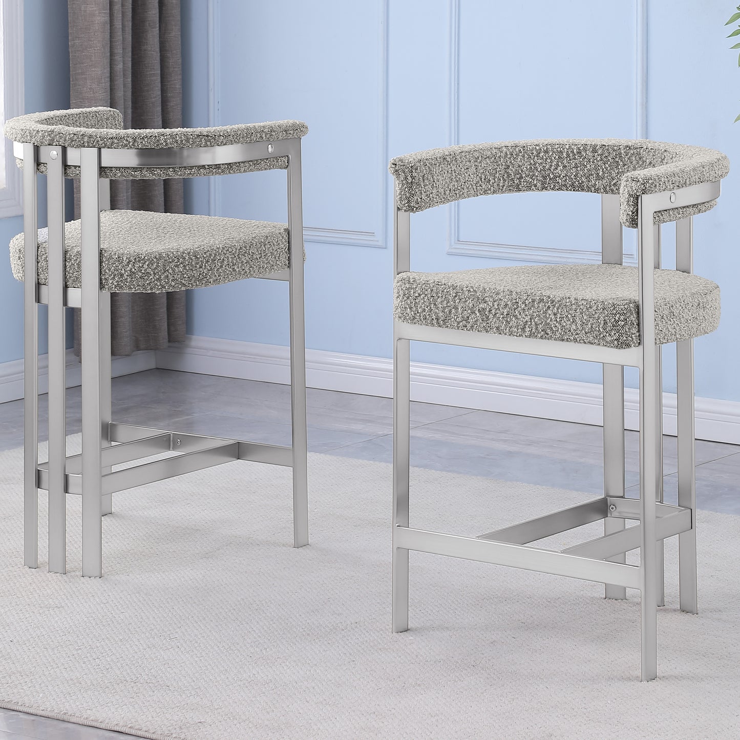 SC380-7. CH380-7, & BS380-7: Modern Boucle Upholstered Chairs with Matte Brushed Chrome Finish Legs (Set of 2)