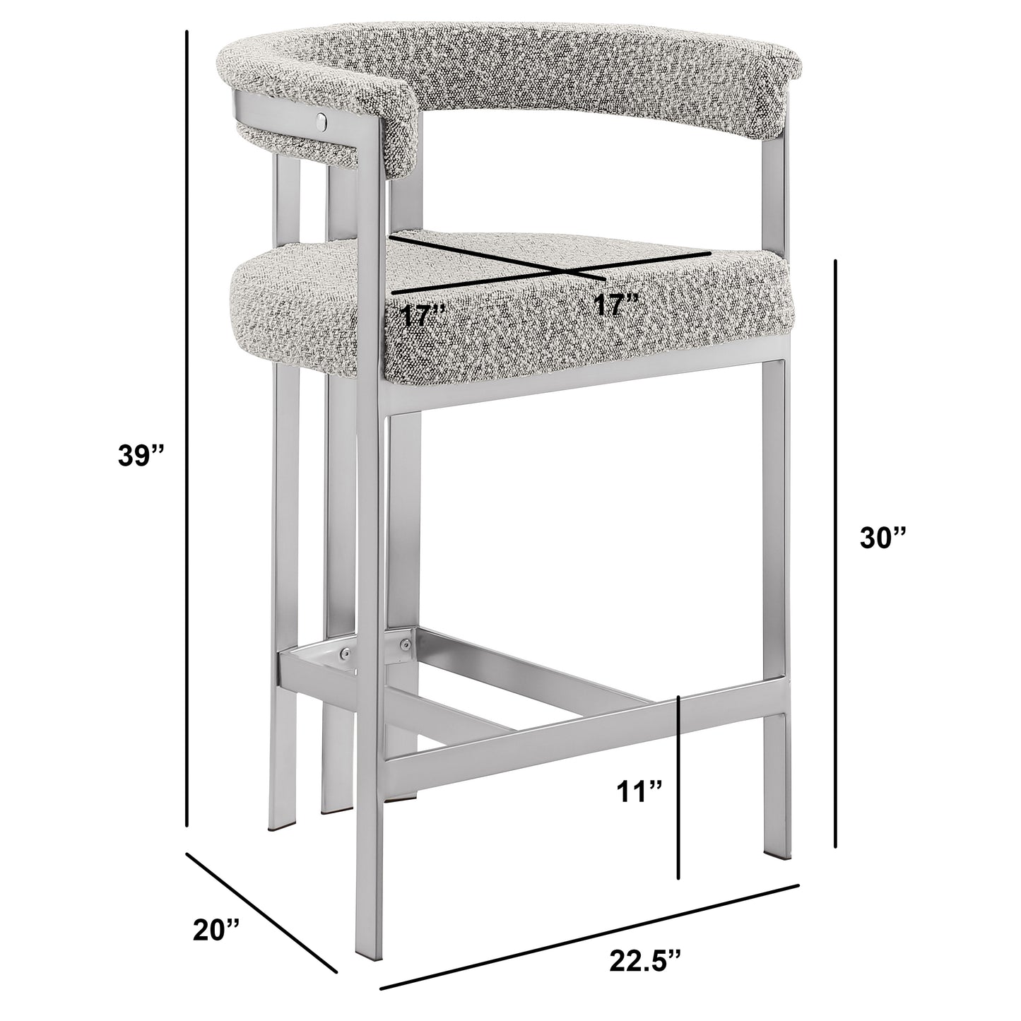 SC380-7. CH380-7, & BS380-7: Modern Boucle Upholstered Chairs with Matte Brushed Chrome Finish Legs (Set of 2)