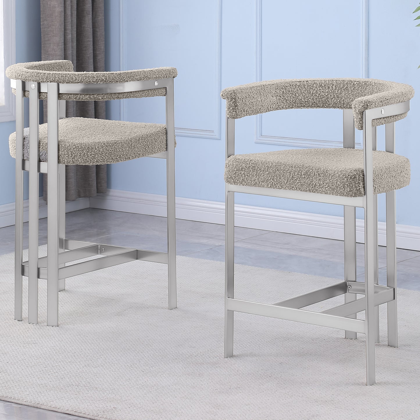 SC380-7. CH380-7, & BS380-7: Modern Boucle Upholstered Chairs with Matte Brushed Chrome Finish Legs (Set of 2)