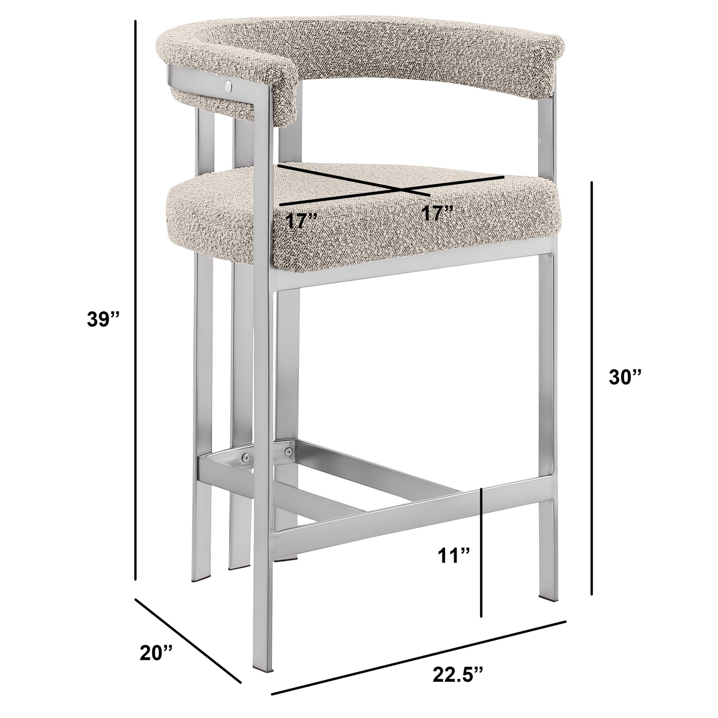 SC380-7. CH380-7, & BS380-7: Modern Boucle Upholstered Chairs with Matte Brushed Chrome Finish Legs (Set of 2)