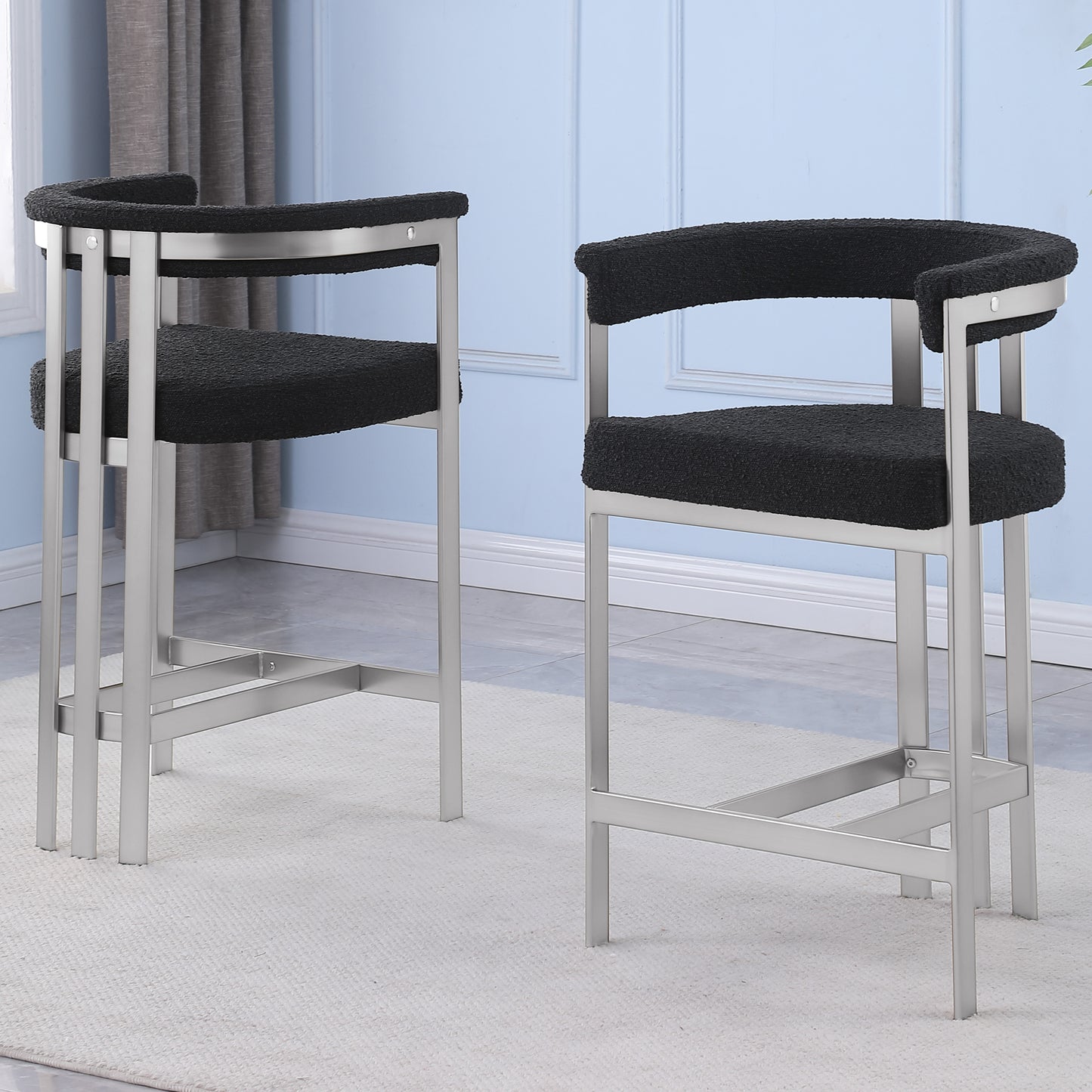 SC380-7. CH380-7, & BS380-7: Modern Boucle Upholstered Chairs with Matte Brushed Chrome Finish Legs (Set of 2)