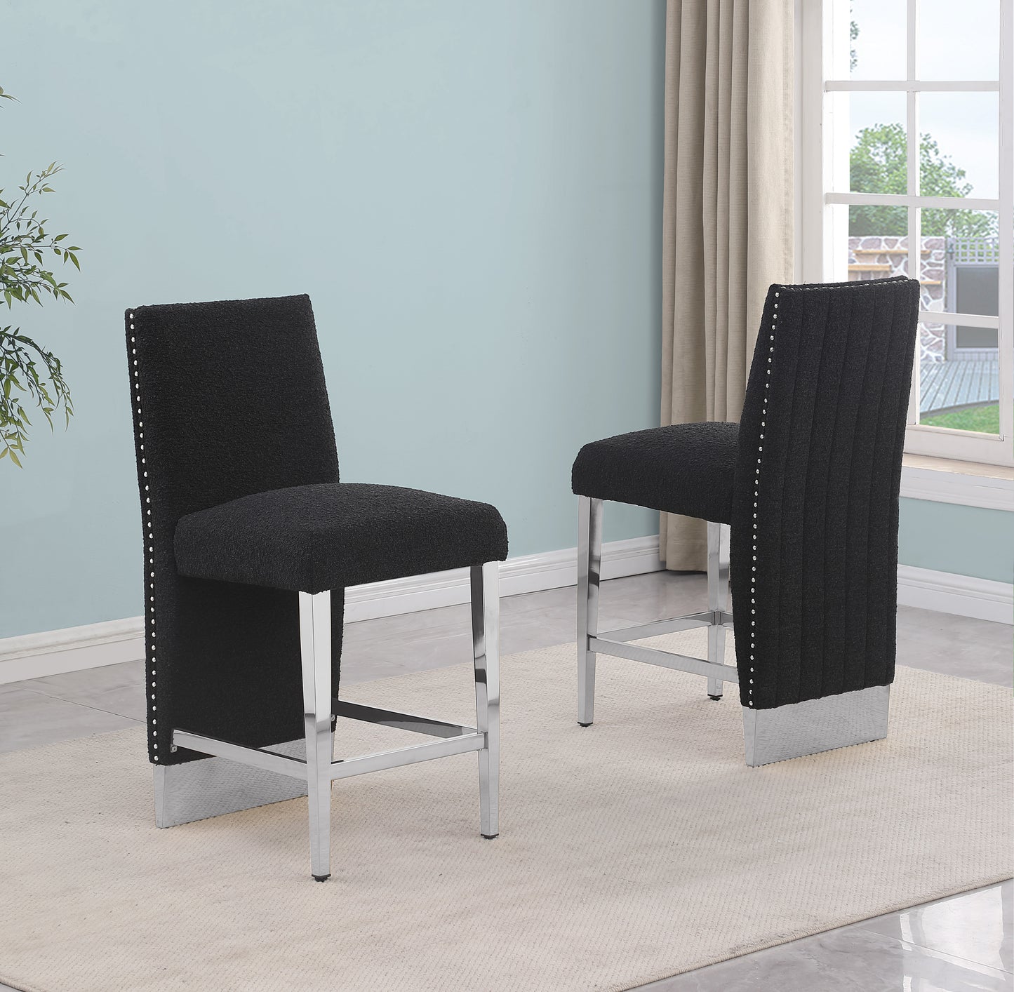 SC560-7, CH560-7, & BS560-7: Modern Upholstered Side Chair Set of 2 - Boucle Fabric - Chrome Legs