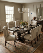 104-Inch Traditional Dark Wood Pedestal Dining Set with Beige Tufted Wingback Chairs (D35) by Quality Living Furniture