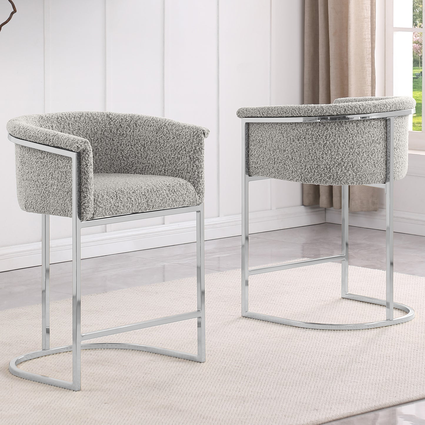 SC010-7, CH010-7, & BS010-7: Modern Boucle Fabric Chairs with U-Shaped Chrome Legs (Set of 2)