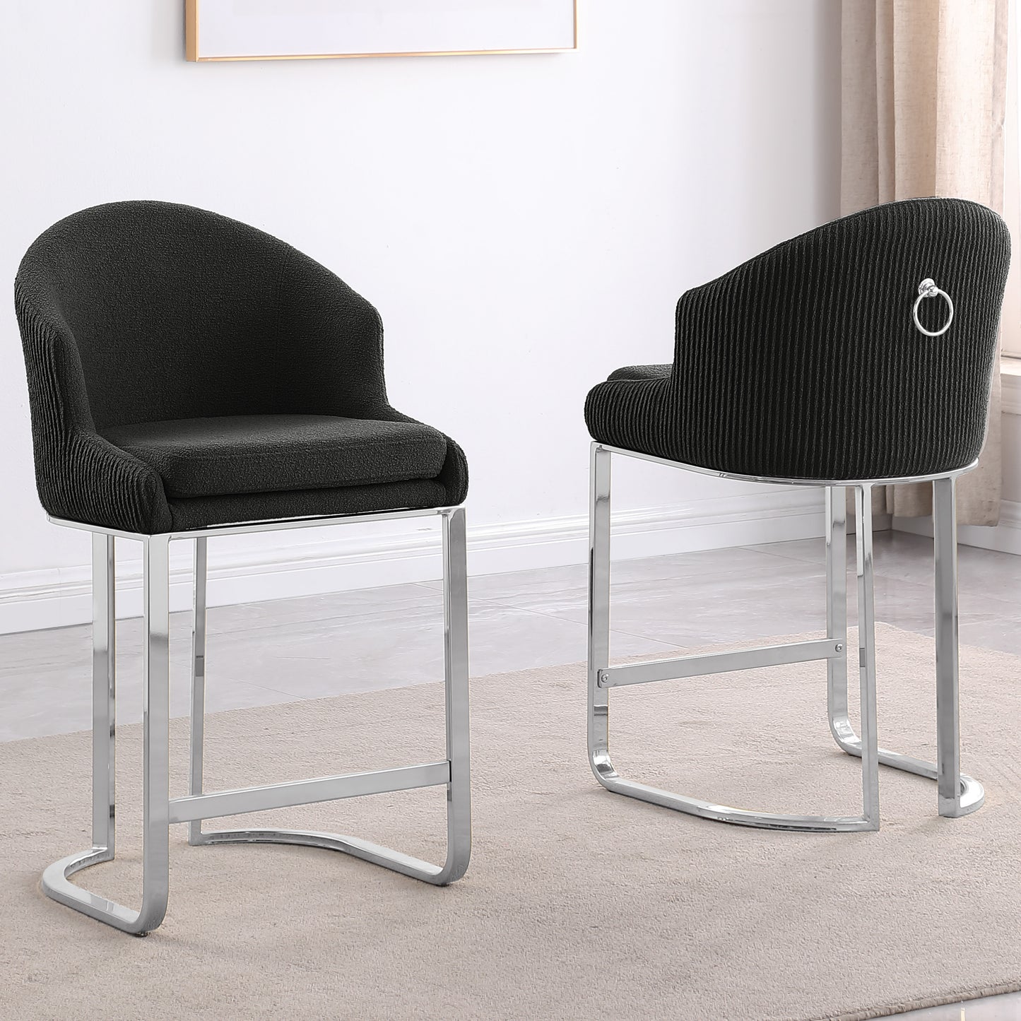 SC370-7, CH370-7, & BS370-7: Modern Teddy Upholstered Chairs with Chrome Finish Legs & Decorative Back Ring Handle (Set of 2)