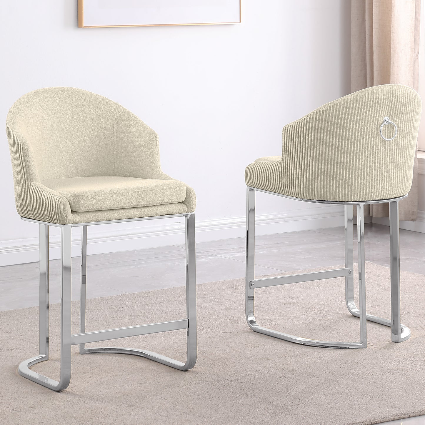 SC370-7, CH370-7, & BS370-7: Modern Teddy Upholstered Chairs with Chrome Finish Legs & Decorative Back Ring Handle (Set of 2)