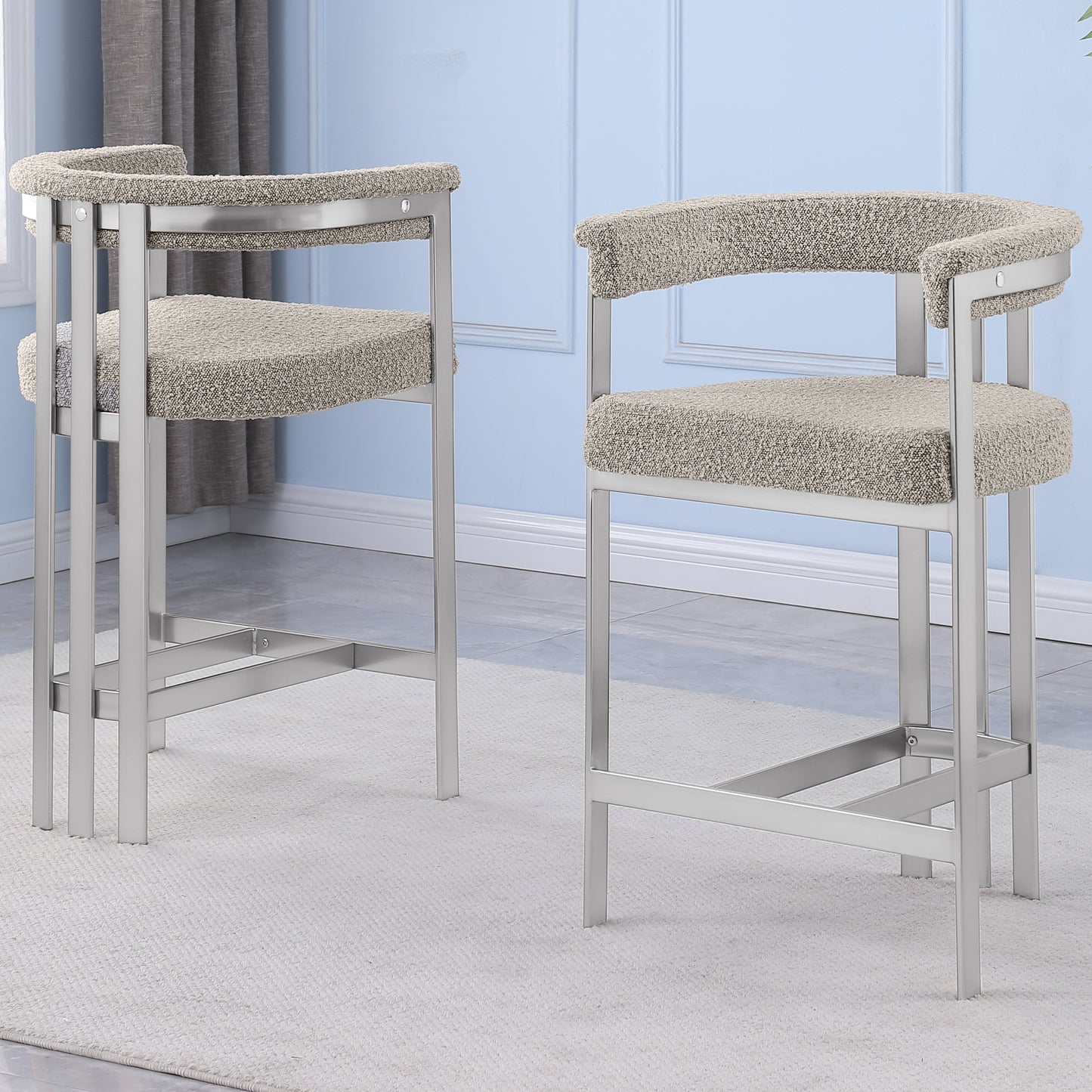 SC380-7. CH380-7, & BS380-7: Modern Boucle Upholstered Chairs with Matte Brushed Chrome Finish Legs (Set of 2)
