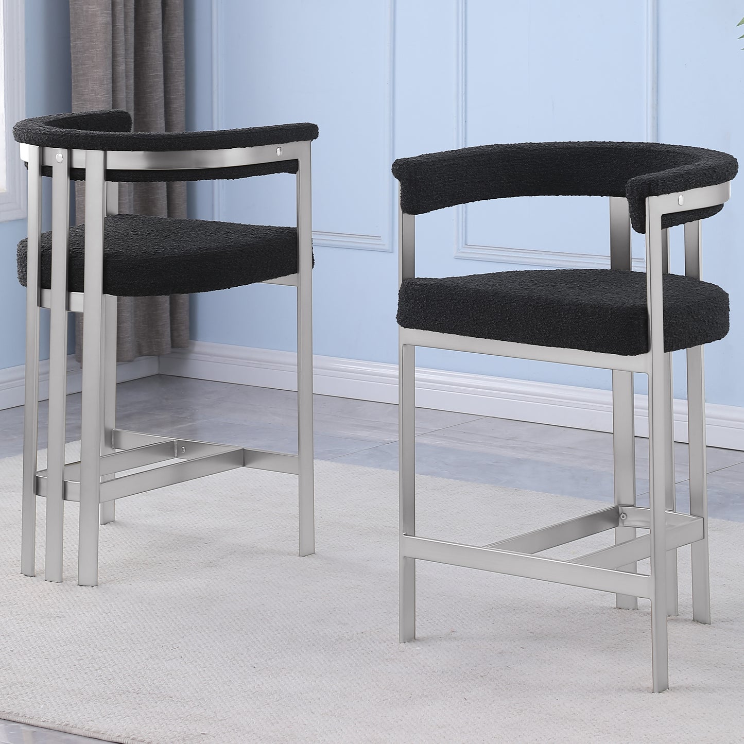 SC380-7. CH380-7, & BS380-7: Modern Boucle Upholstered Chairs with Matte Brushed Chrome Finish Legs (Set of 2)