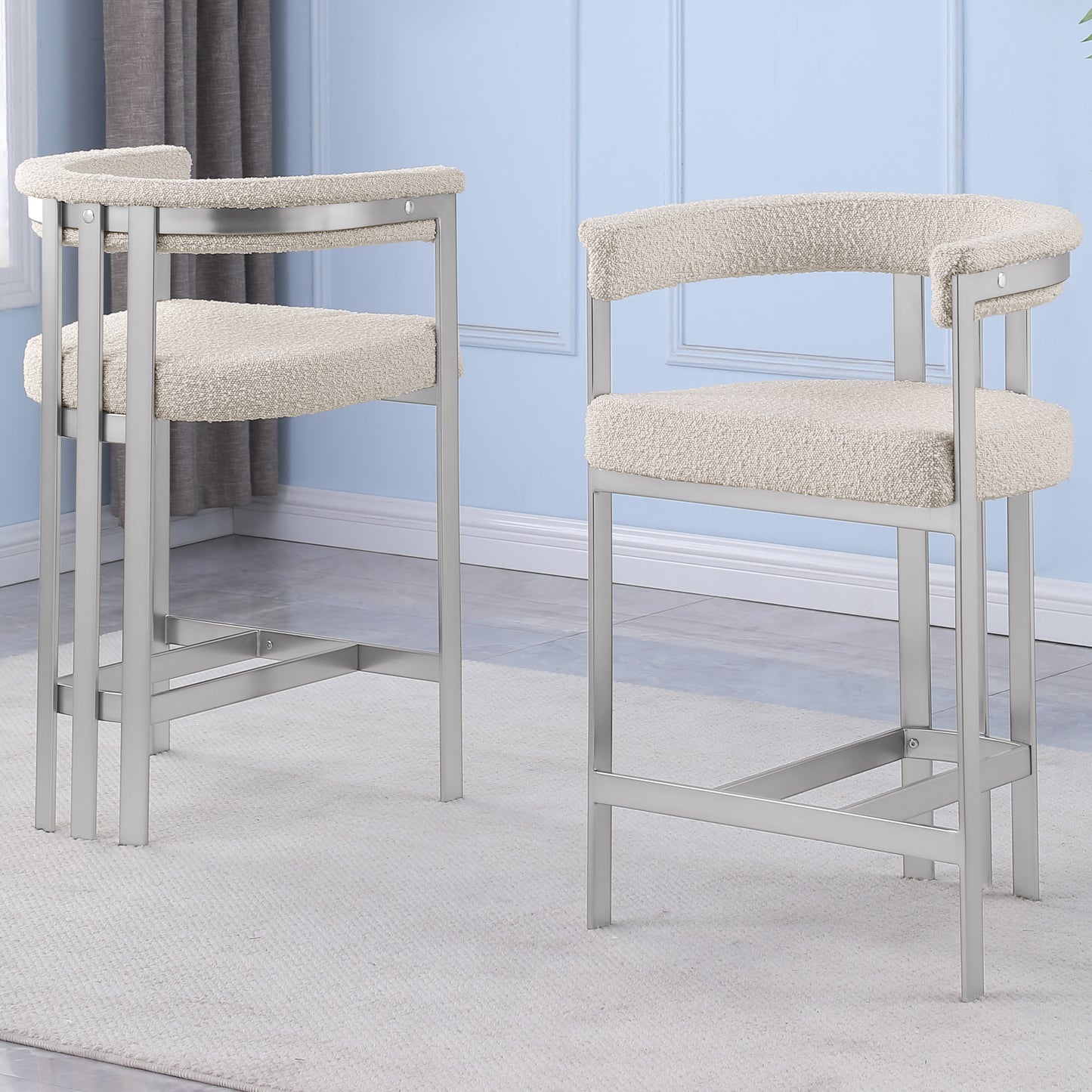 SC380-7. CH380-7, & BS380-7: Modern Boucle Upholstered Chairs with Matte Brushed Chrome Finish Legs (Set of 2)