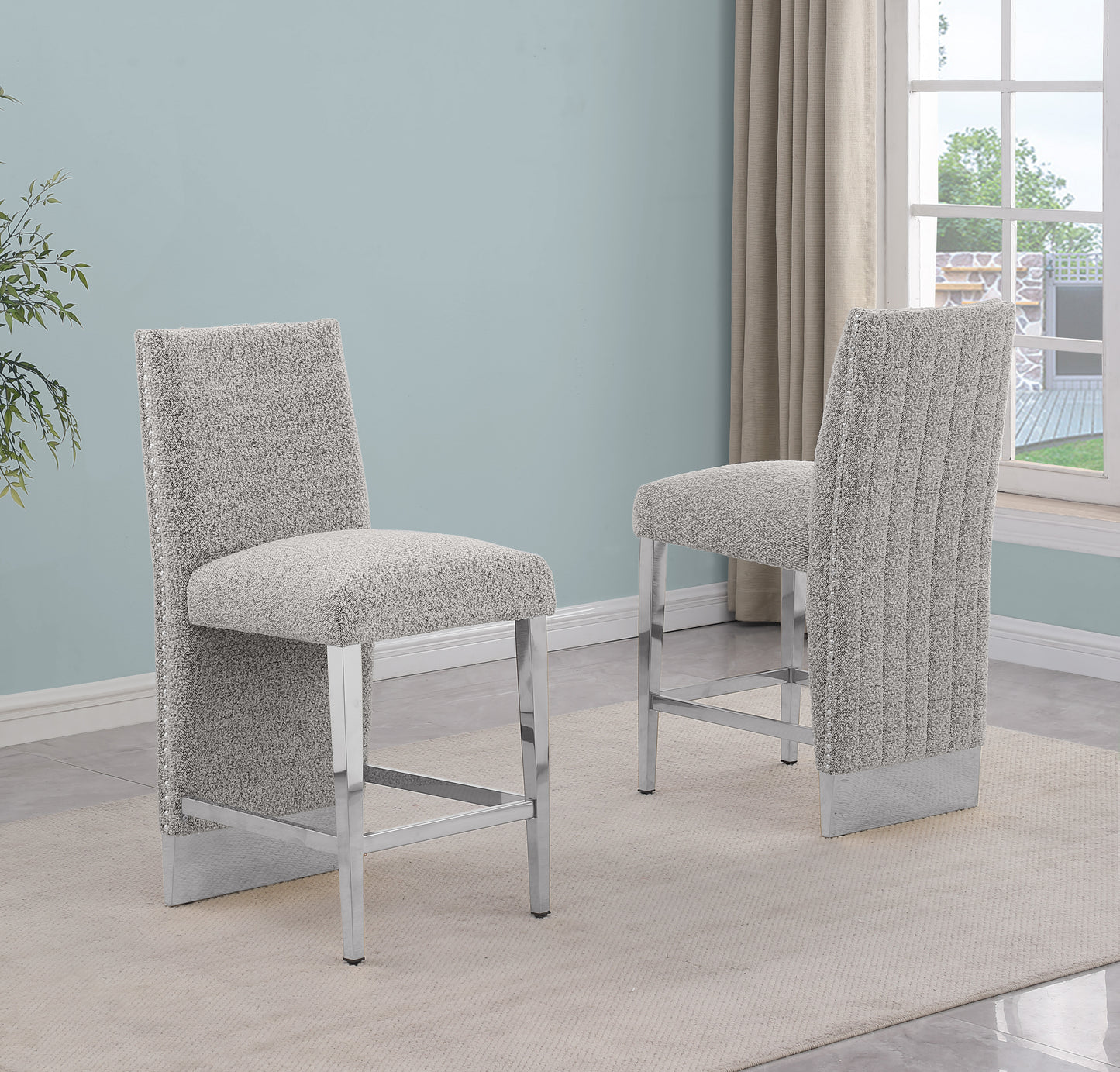SC560-7, CH560-7, & BS560-7: Modern Upholstered Side Chair Set of 2 - Boucle Fabric - Chrome Legs