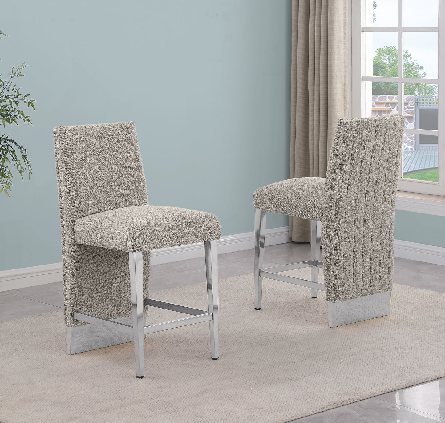 SC560-7, CH560-7, & BS560-7: Modern Upholstered Side Chair Set of 2 - Boucle Fabric - Chrome Legs