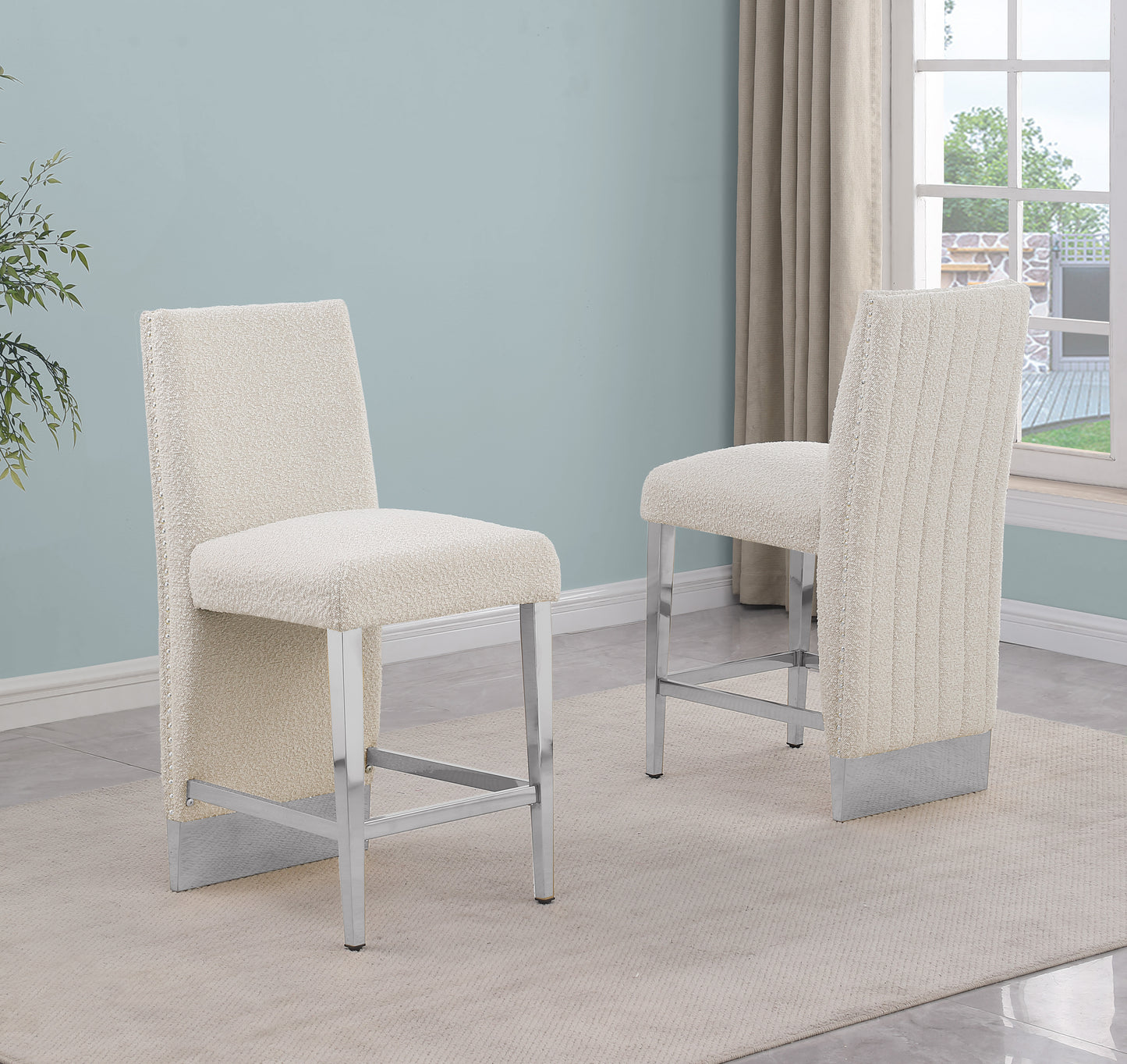 SC560-7, CH560-7, & BS560-7: Modern Upholstered Side Chair Set of 2 - Boucle Fabric - Chrome Legs