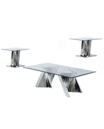 Three-piece modern glass and stainless steel table set featuring geometric sculptural bases and crystal clear tempered glass tops.