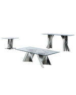 Three-piece modern glass coffee table set with geometric stainless steel base and tempered glass tops.