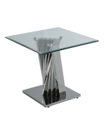 Modern square glass end table with geometric stainless steel base