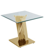Modern glass end table featuring a clear tempered glass top and an ornamental geometric stainless steel gold base.
