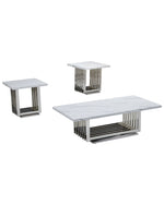Set of three white marble coffee and side tables with rectangular silver steel bases