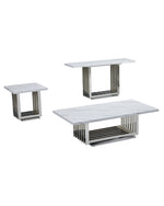 3 piece white marble coffee table set with rectangular silver chrome steel base