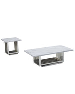 2 piece modern silver coffee table set with rectangular steel base and white veined tops.