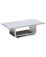Rectangular white marble coffee table featuring silver steel slat base.