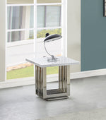 Modern white marble end table with rectangular stainless steel base