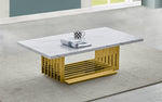 Rectangular white marble coffee table with gold steel base and modern geometric design
