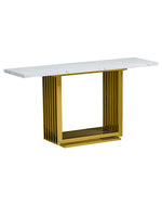 White marble console table with rectangular gold steel base featuring vertical fluted detailing