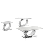Modern 3 piece white marble coffee table set with oval stainless steel base