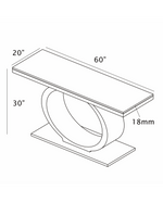 Technical diagram showing dimensions of a modern white marble console table with an oval stainless steel base.