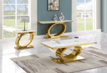 Modern 3 piece white marble coffee table set with oval polished gold stainless steel base.