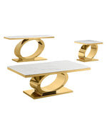 Modern 3 piece white marble coffee table set with oval gold metal base