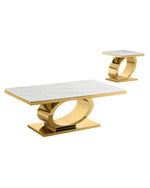 Modern 2 piece white marble coffee and side table set with oval gold stainless steel base