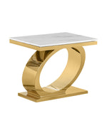 Modern oval gold metal base end table with white marble top featuring gold accents