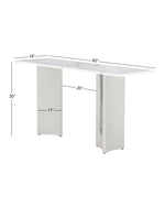White rectangular console table with dimension annotations showing 60 inches length, 30 inches height, 18 inches depth