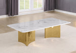 Coffee table with white marble top and double pedestal base in stainless steel