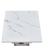 White marble end table with square silver steel base