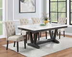 White Faux Marble Dining Set with Button Tufted Seating, Gray & Beige Upholstery (D185 & D186) by Quality Living Furniture