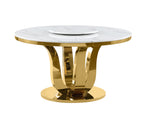 Round White Marble Dining Table with Lazy Susan and Gold Steel Base (D325) by Quality Living Furniture