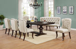 Traditional 7 piece dining set with dark wood table, beige upholstered chairs and long bench