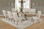 7 piece classic dining set with wooden table, bench, and upholstered beige dining side chairs with button tufting