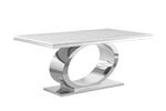 87-Inch Modern White Marble Top Dining Table with Polished Gold Oval Base by Quality Living Furniture