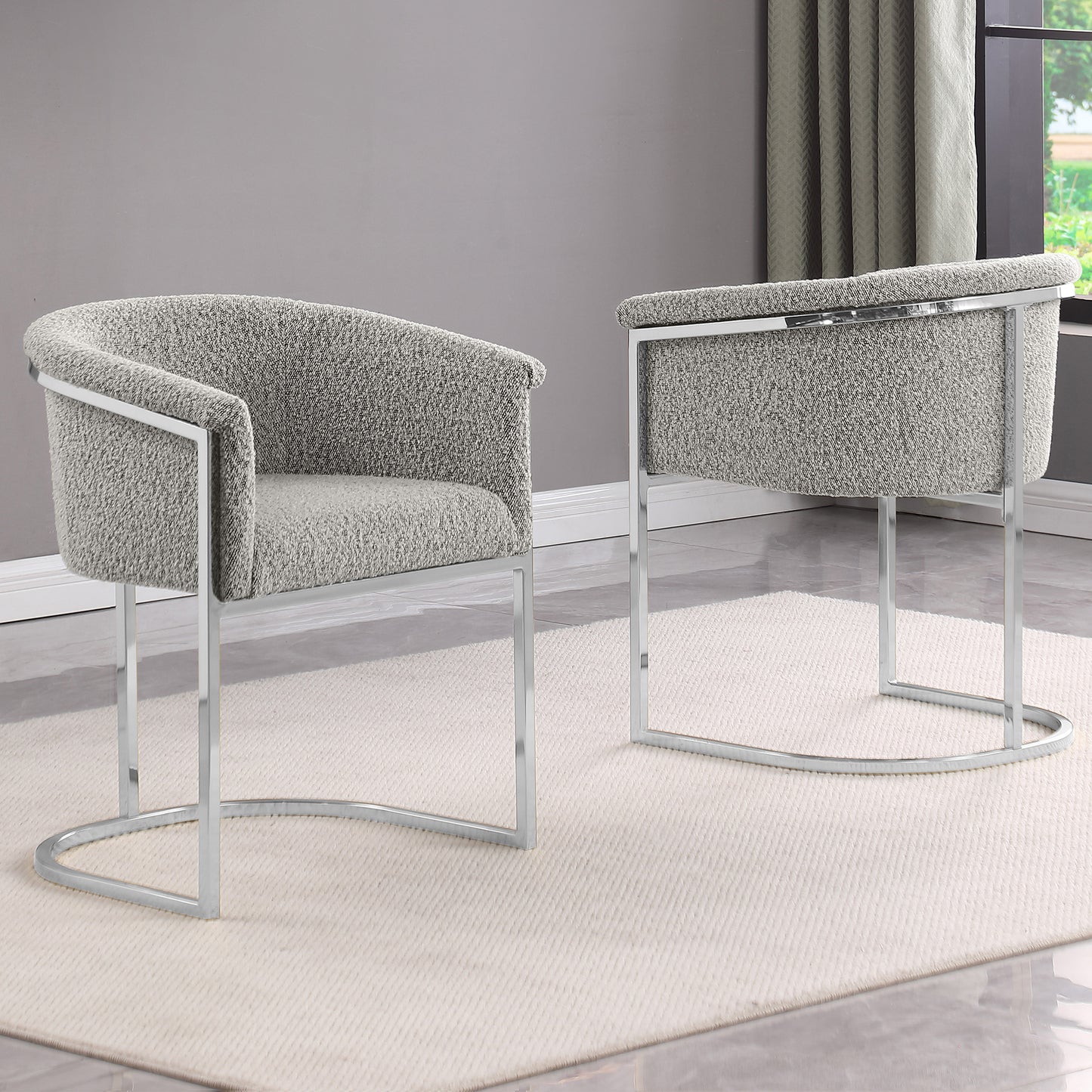 SC010-7, CH010-7, & BS010-7: Modern Boucle Fabric Chairs with U-Shaped Chrome Legs (Set of 2)
