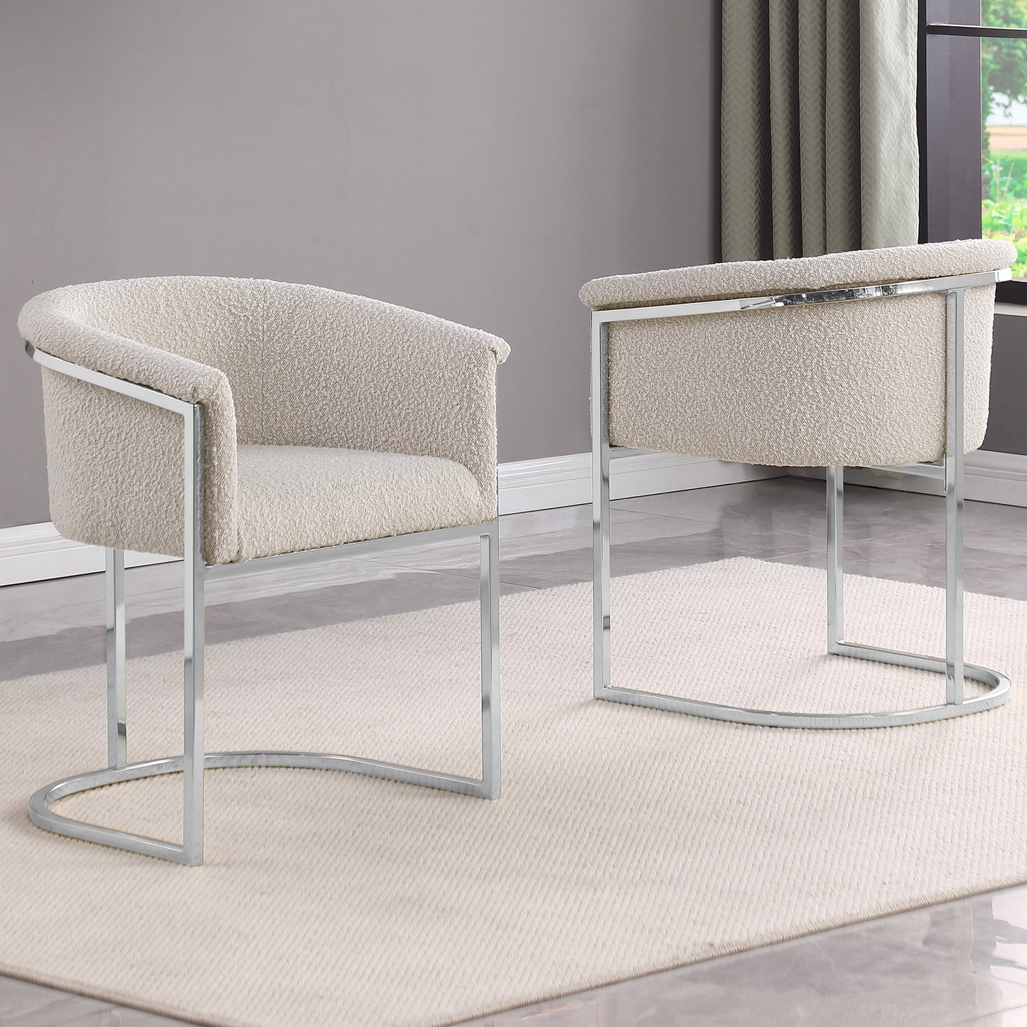 SC010-7, CH010-7, & BS010-7: Modern Boucle Fabric Chairs with U-Shaped Chrome Legs (Set of 2)